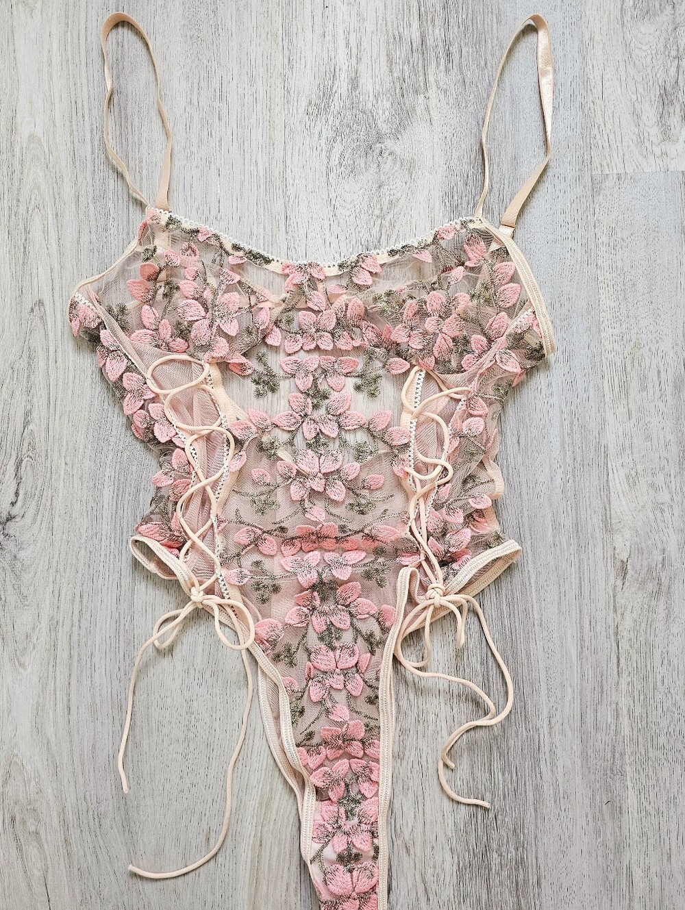 Sheer Pink Floral Lace Bodysuit Chemise with Side Tie Details